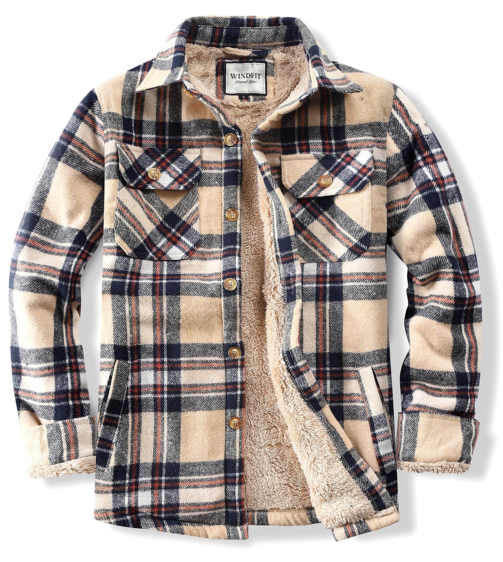 WINDFIT Men's Cotton Sherpa Button Down Flannel Shirt Jacket Plaid Shirt