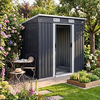 GARDEBRUK® 6x4ft Metal Garden Shed, Foundation, 200x125x185cm, Anthracite | Outdoor Storage for Garden Furniture, Pent Roof, Bike Shed with Sliding Door, Galvanised Steel Shed for Toy Storage & Tools
