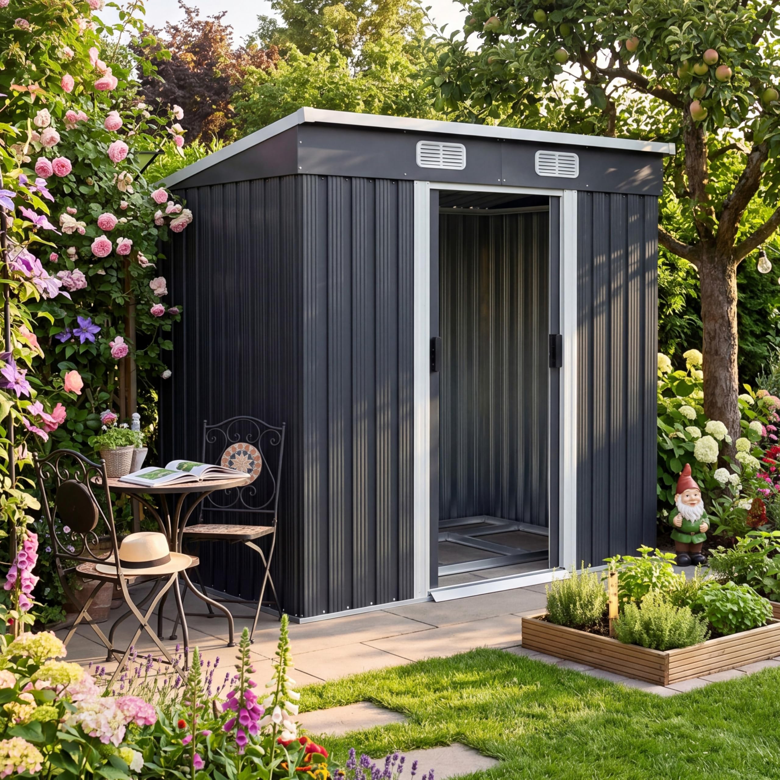 GARDEBRUK® 6x4ft Metal Garden Shed, Foundation, 200x125x185cm, Anthracite | Outd