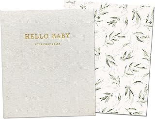 Peachly Unisex Baby Memory Book - First Year Baby Book Keepsake - Olive | Gender-neutral scrapbook &amp; photo album for boy or girl milestones. Thick acid-free pages with a gold-foil linen cover