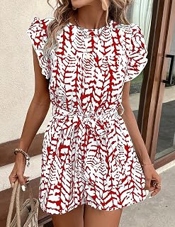 Women Printed Romper with Tie Belt, Butterfly Sleeve, Casual Jumpsuit for Summer and Holiday