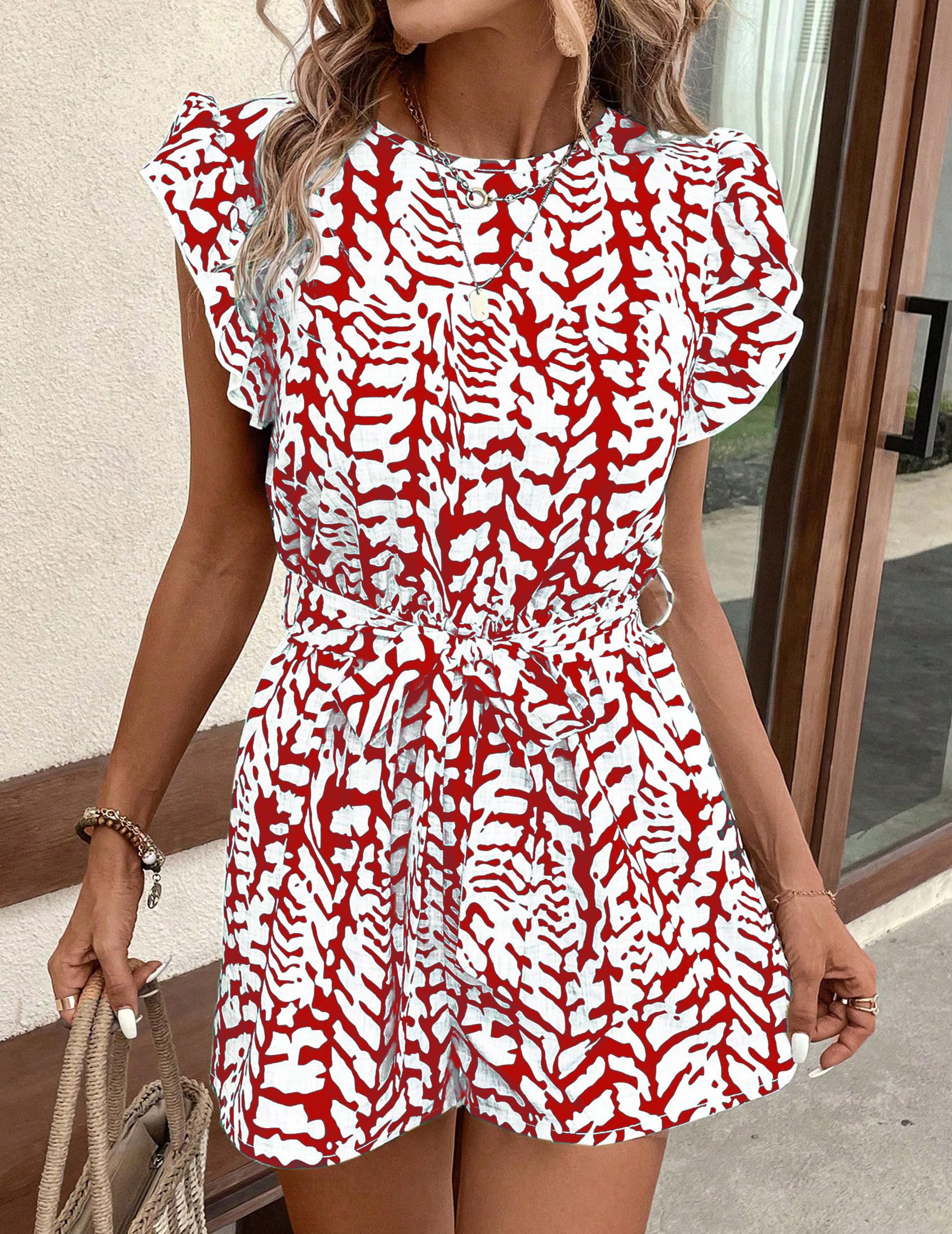 Women Printed Romper with Tie Belt, Butterfly Sleeve, Casual Jumpsuit for Summer