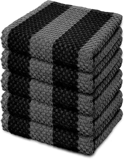 LIXURIATE Stripe Designed Tea Towels for Kitchen - 100% Cotton | Super Absorbent & Quick Drying Hotel Quality Kitchen Towels Set | Machine Washable for Everyday Use (Grey & Black, 5 Pack)