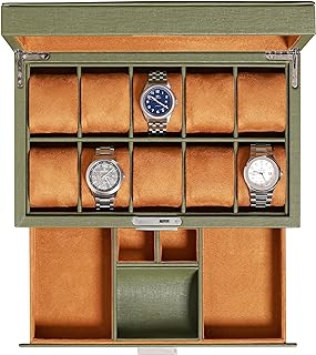 ROTHWELL 10-Slot Watch Box in Leather with Valet Drawer, Luxury Watch Case Display Organizer with Ultra Soft Microsuede Liner, Jewelry and Sunglass Holder With Large Glass top (Green/Tan)