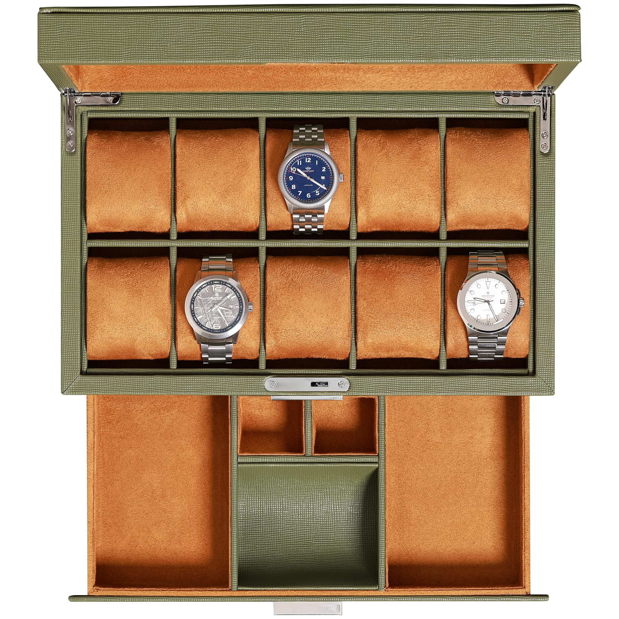 ROTHWELL 10-Slot Watch Box in Leather with Valet Drawer, Luxury Watch Case Displ