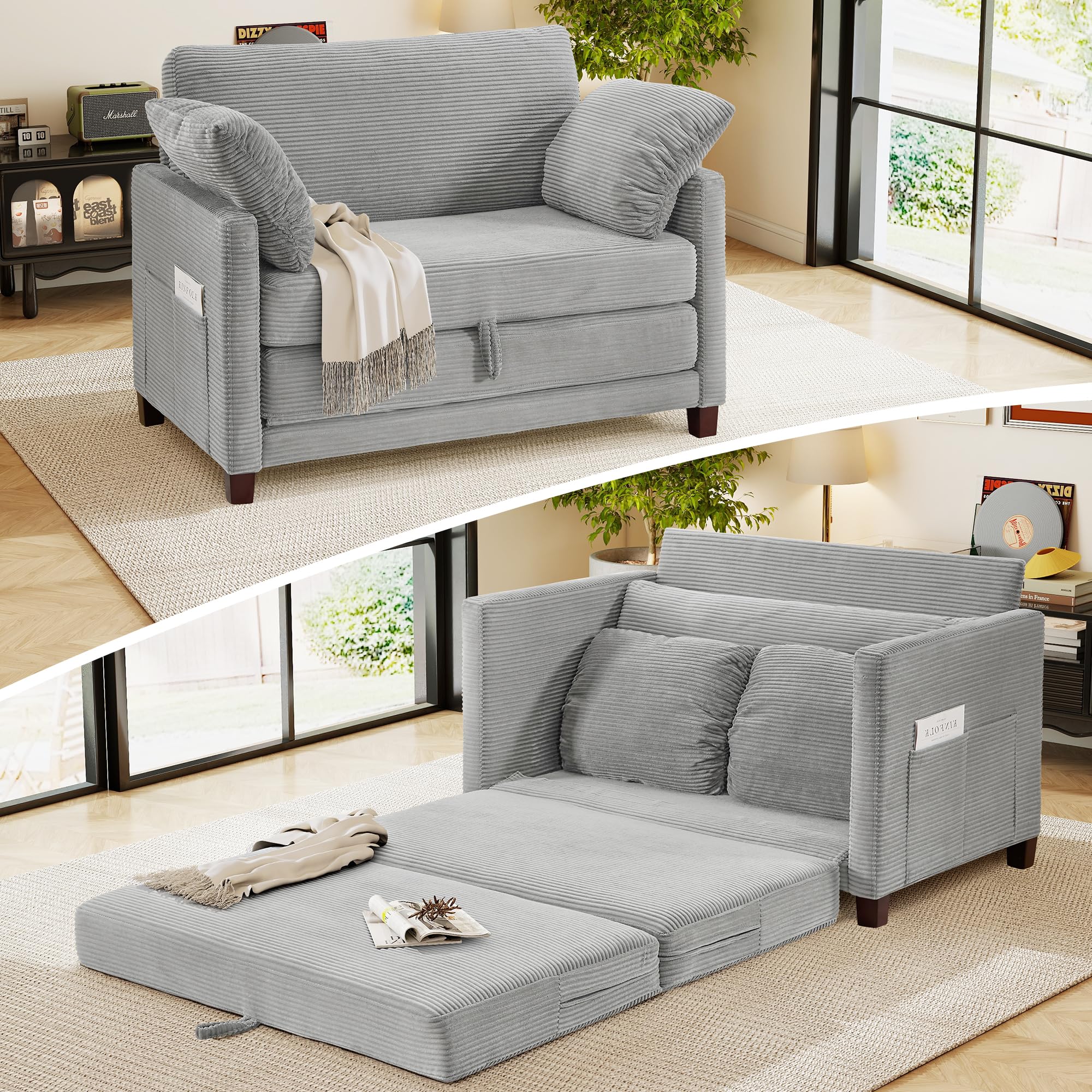 51" Loveseat Sleeper Sofa Bed, Corduroy Convertible Floor Sofa Bed for Small Spa