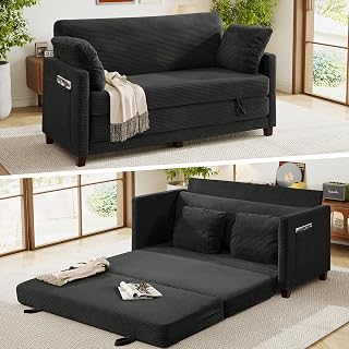 65" Loveseat Sleeper Sofa Bed, Corduroy Convertible Sofa Bed for Small Spaces, Folding Couch Bed with Deep Seat, 2 Pillows & Solid Frame, Pull Out Floor Couches for Living Room, Black