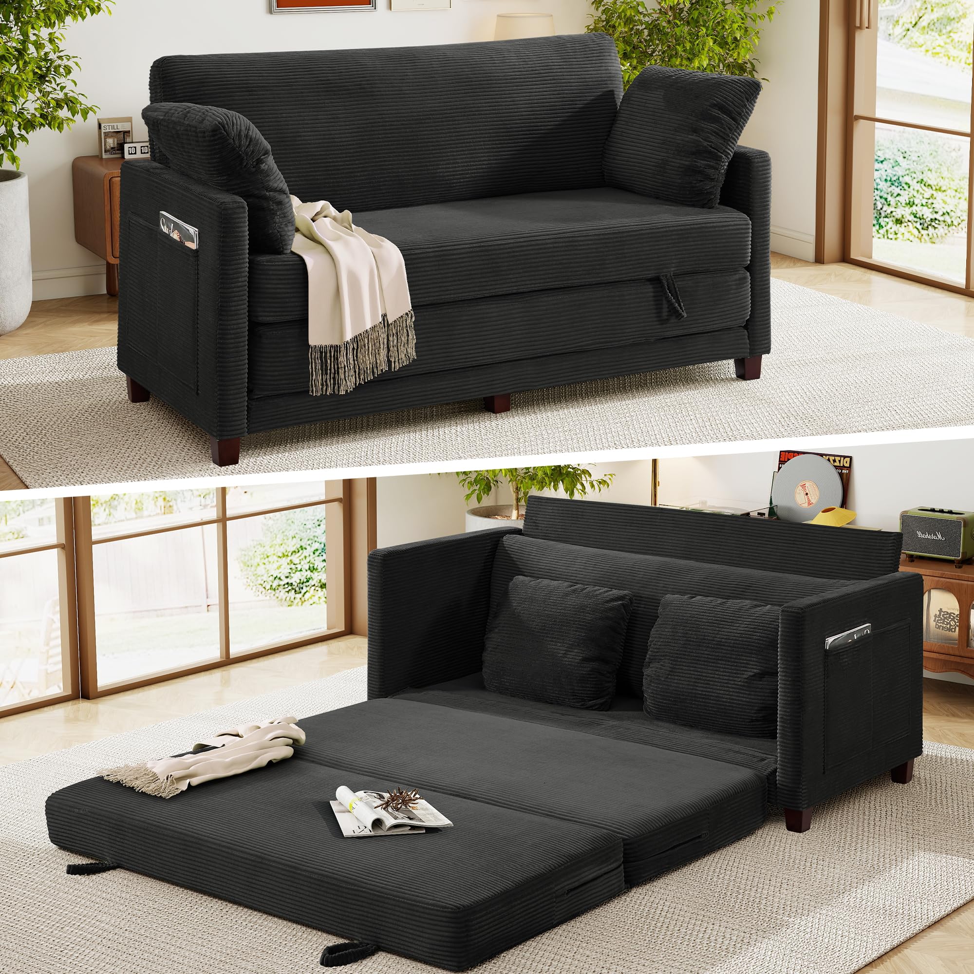 65" Loveseat Sleeper Sofa Bed, Corduroy Convertible Sofa Bed for Small Spaces, F