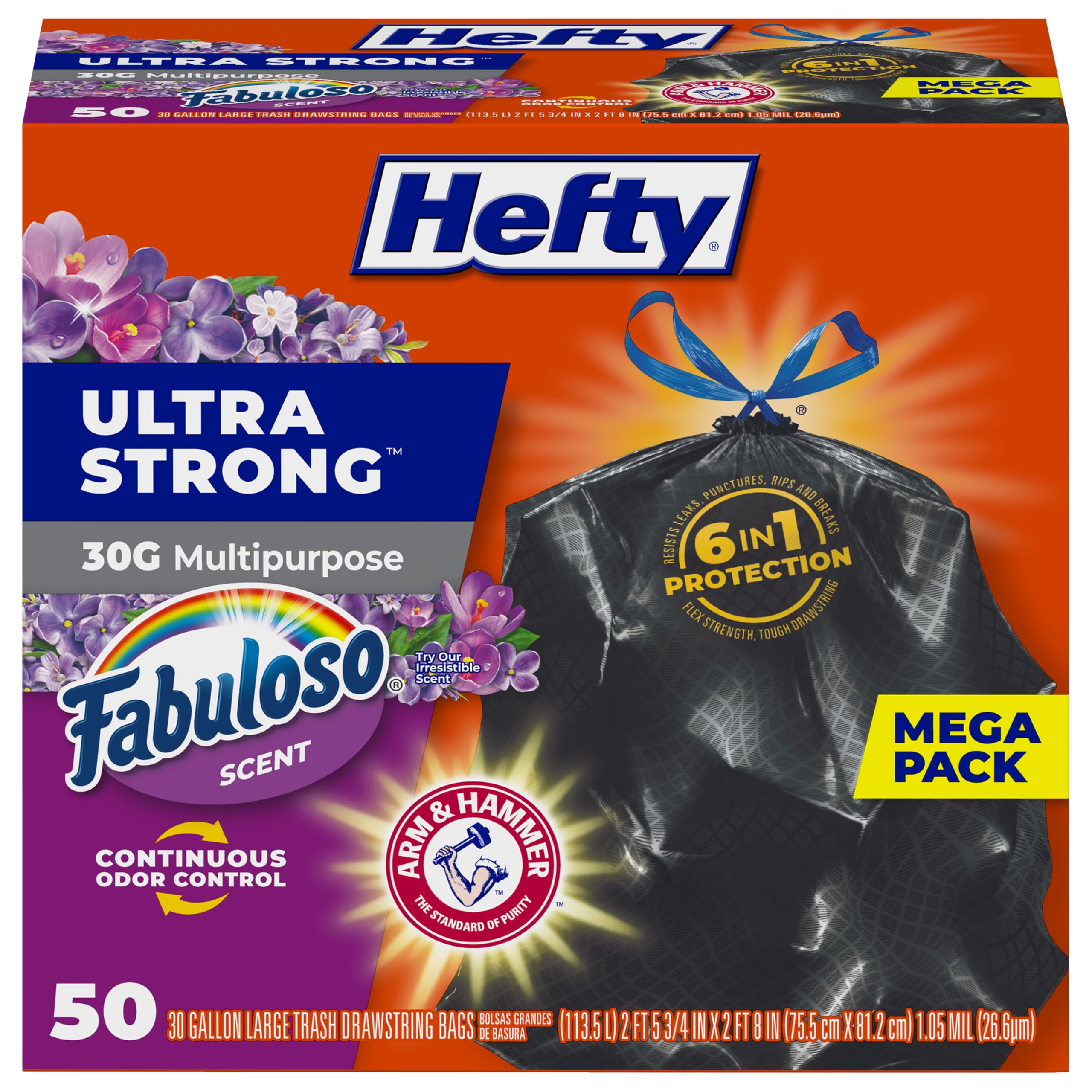 Hefty Ultra Strong 30 Gal Large Trash Bags, Black, Fabuloso Lavender, 50ct | 30G