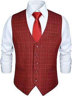 HISDERN Men’s Formal Waistcoat, Cotton Plaid Dress Suit Waistcoat for Wedding Party