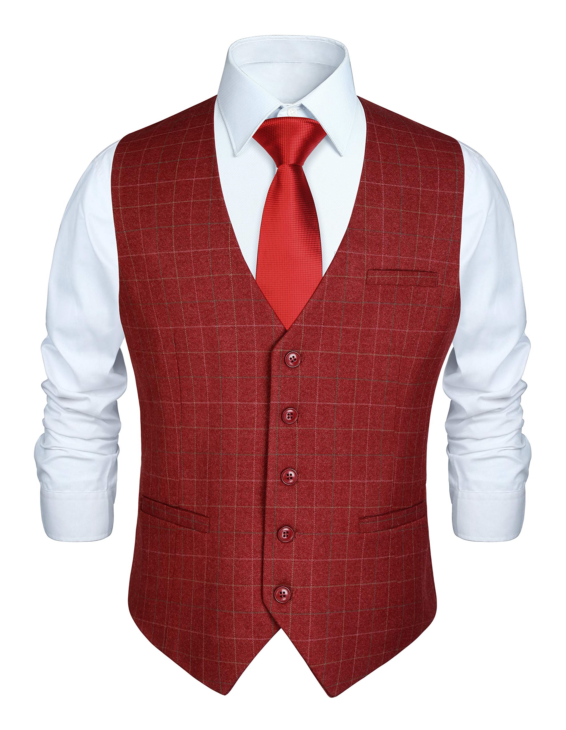 HISDERN Men’s Formal Waistcoat, Cotton Plaid Dress Suit Waistcoat for Wedding Pa