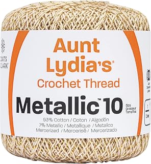 Aunt Lydia's Metallic Size 10 Crochet Thread, Natural/Gold, Single | 88% Mercerized Cotton 12% Metallic 3-Ply Thread for Lace, Ornaments, Apparel, Accessories and Home Decor, 100 yards/91m