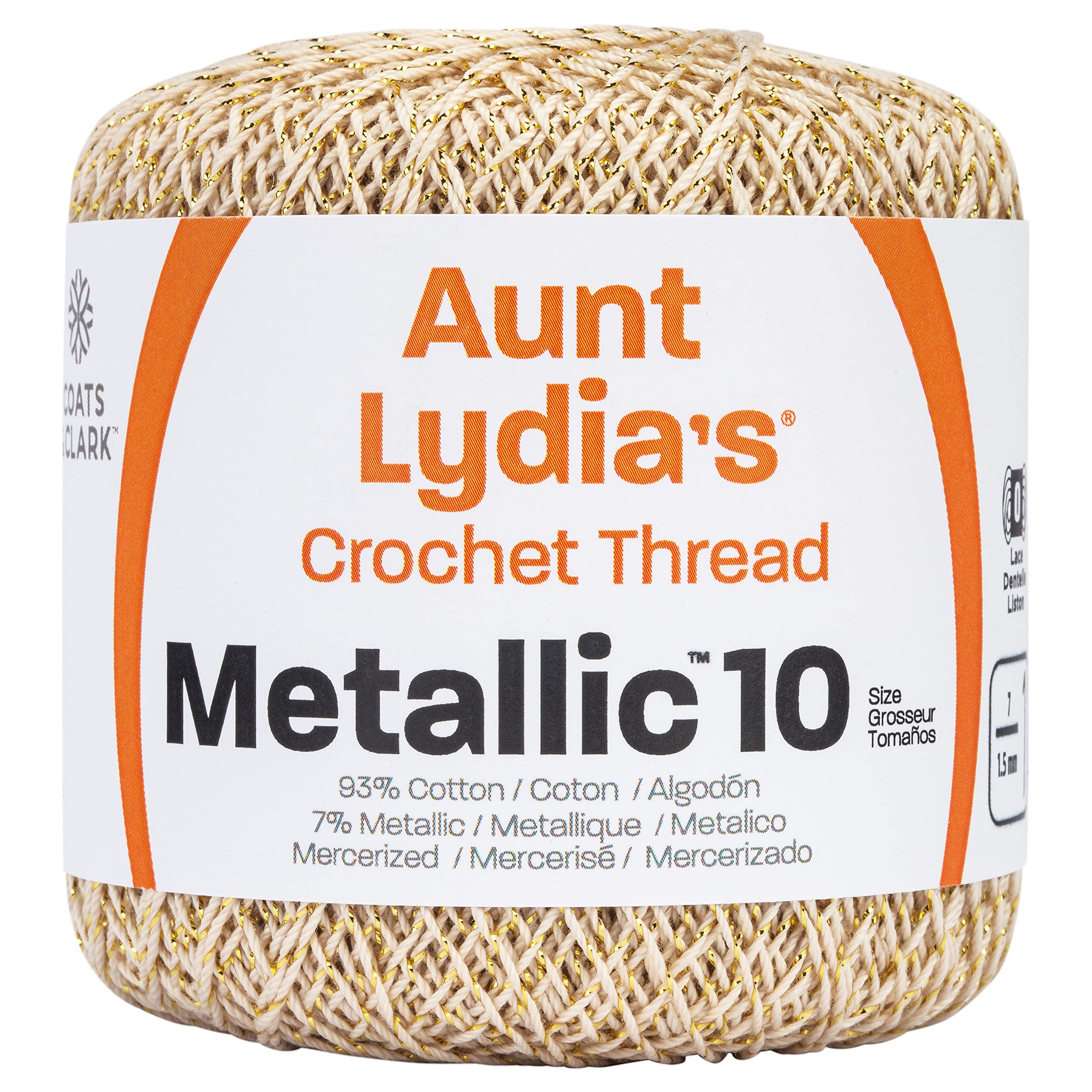 Aunt Lydia's Metallic Size 10 Crochet Thread, Natural/Gold, Single | 88% Me