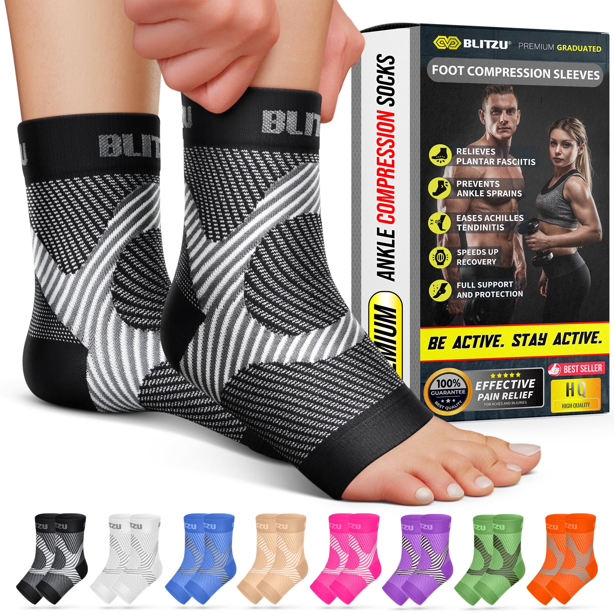 BLITZU Compression Socks for Plantar Fasciitis, Foot, Arch & Ankle Support | Ope