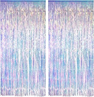 Iridescent Party Streamers Backdrop - GREATRIL Neon Transparent Holographic Tinsel Foil Fringe Curtain for Mermaid/Frozen/Sea/Euphoria/ERAS Party Theme Decorations 3.2ft x 6.5ft 2 PCS