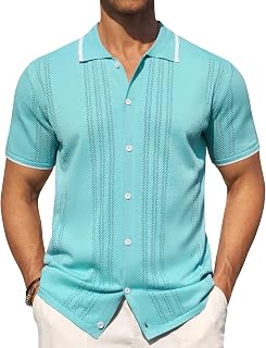 Alimens & Gentle Camicia da uomo in maglia a maniche corte con bottoni, camicia testurizzata casual estiva da spiaggia
