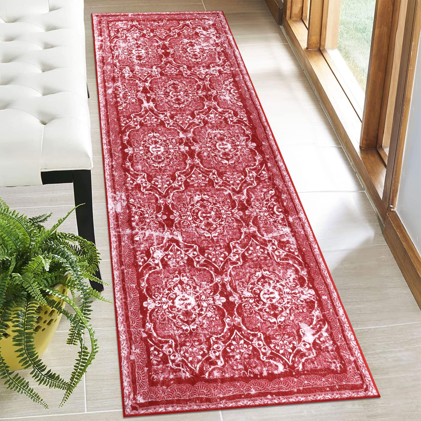 Vaukki Hallway Runner 2x6 ft, Red Vintage Shaggy Soft Kitchen Rug