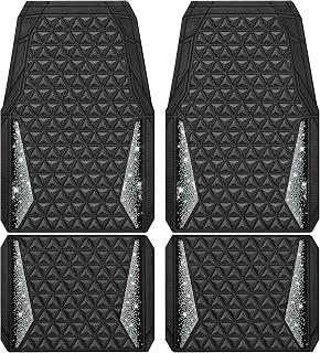 CAR PASS Bling Car Mats Diamond Rubber Floor Mats Full Set Anti-Slip 3D Rhombus Waterproof Trim to Fit Liner Universal Glitter Crystal Sparkly Shining Rhinestone Girl Women, Silver Diamond