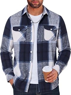 COOFANDY Camisa de franela para hombre, informal, con botones, de manga larga, a cuadros, con bolsillos