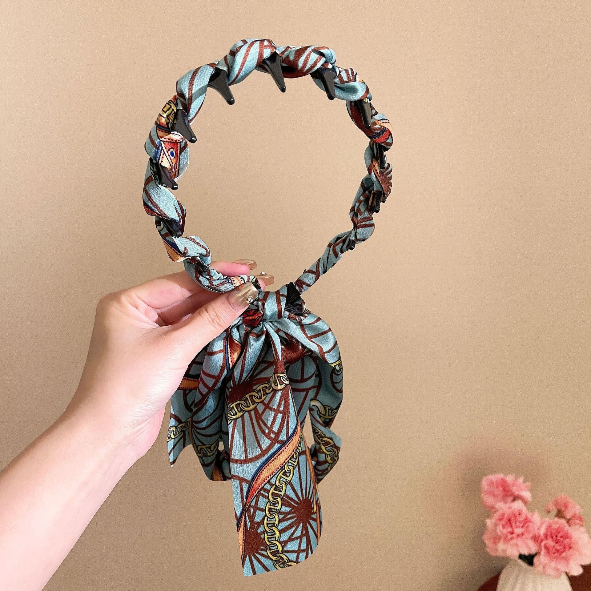 Fashion Blue Print Headbands Women Bohemian Forest Headband with Gold Chain Fash