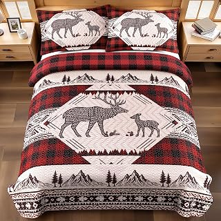 3 Piece Cabin King Size Quilt Sets Christmas Rustic Reversible Microfiber Soft Lightweight Farmhouse Bedspread Comforter with 2 Shams Patchwork Country Lodge Bedding for All Season, 106''x96'', Red