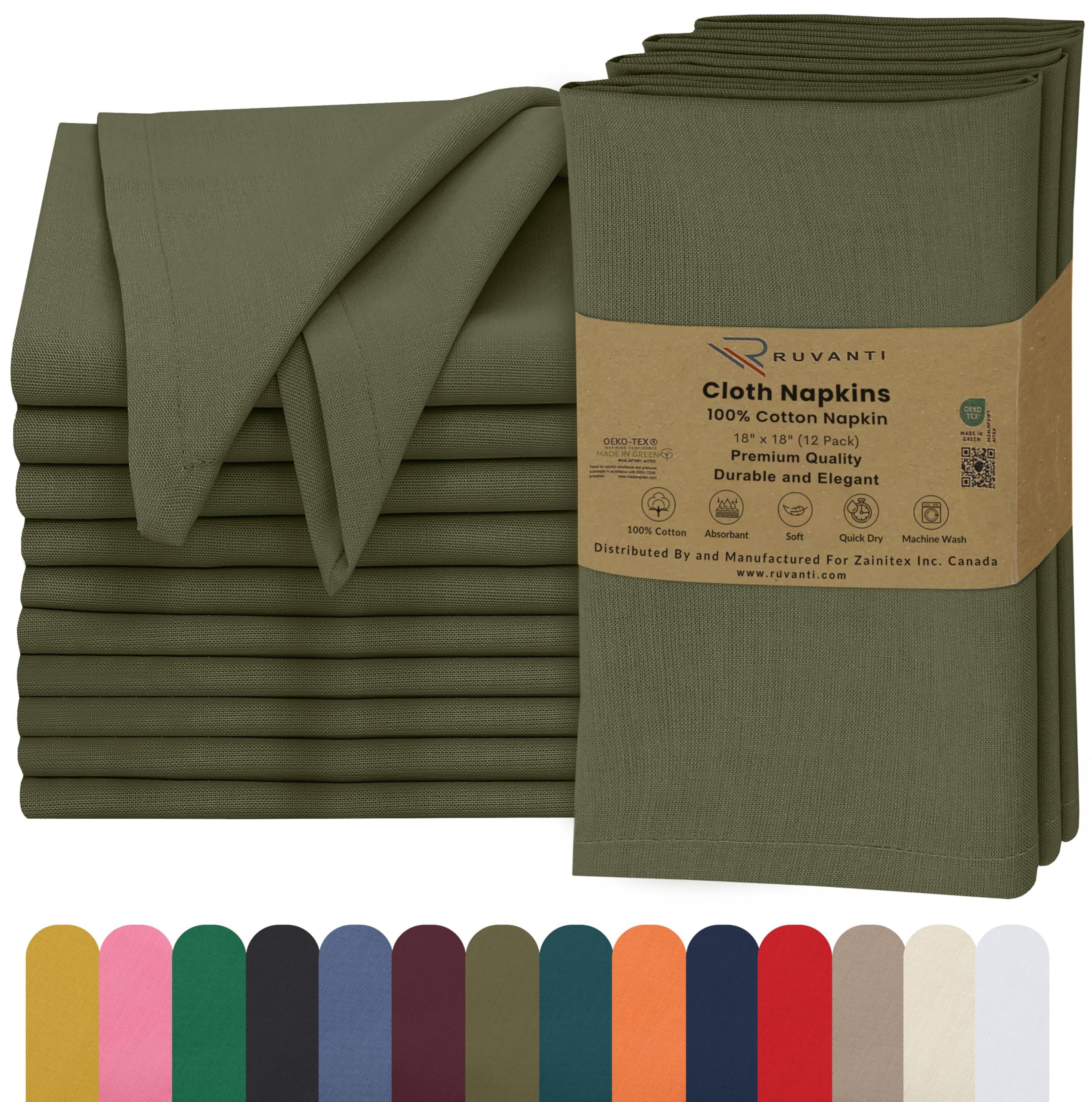 Ruvanti Cloth Napkins Set of 12, 100% Cotton 18”x18” - Capulet Olive | Washable,