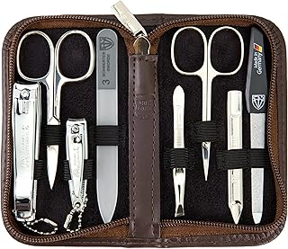 3 Swords Germany - manicure pedicure set kit with glass and sapphire nail file (5213) (GENUINE LEATHER BROWN)