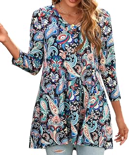 Enmain Women's Plus Size Long 3/4 Sleeve Blouse Women's Chic and Elegant Winter V-Neck Tunic Floral Paisley Swing Loose Blouse