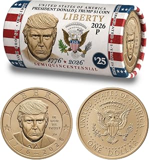 2026 President Donald J. Trump $1 Coin Roll – 25 Coins – America’s 250th Anniversary 1776–2026 – Liberty Horizontal Design (Limited to 25,000 Rolls)