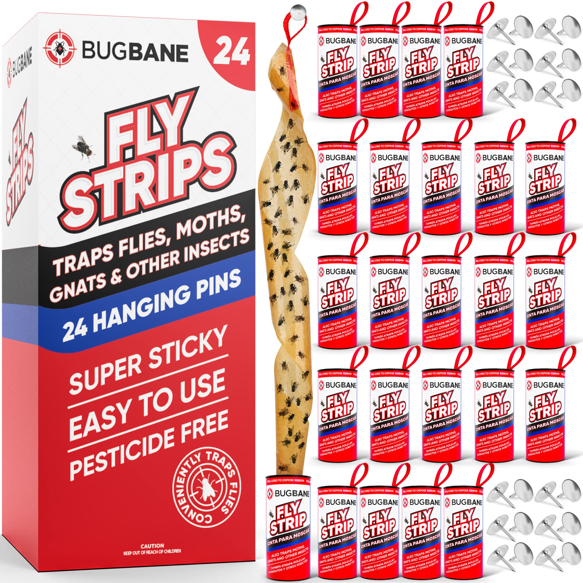 Fly Strips Indoor Sticky Hanging 24pk with Pins. Non Toxic Outdoor Fly Trap Indo