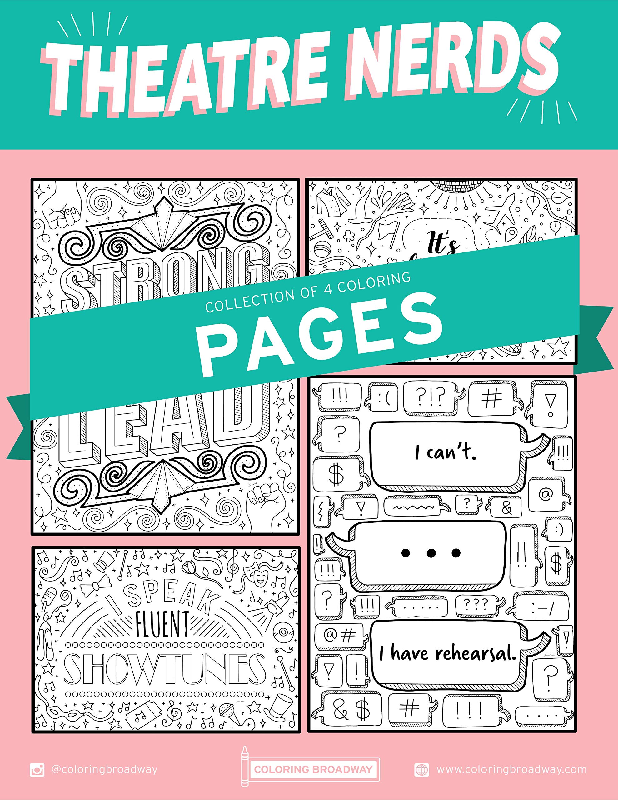 Coloring Broadway - Theatre Nerds Coloring Pages (Set of 4), Musical Theater Mer