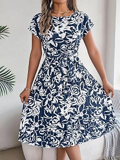 Women Floral Print Short Sleeve Tops Dress Crew Neck Tie Waist A-Line Pleated Hem Casual Vacation Dress
