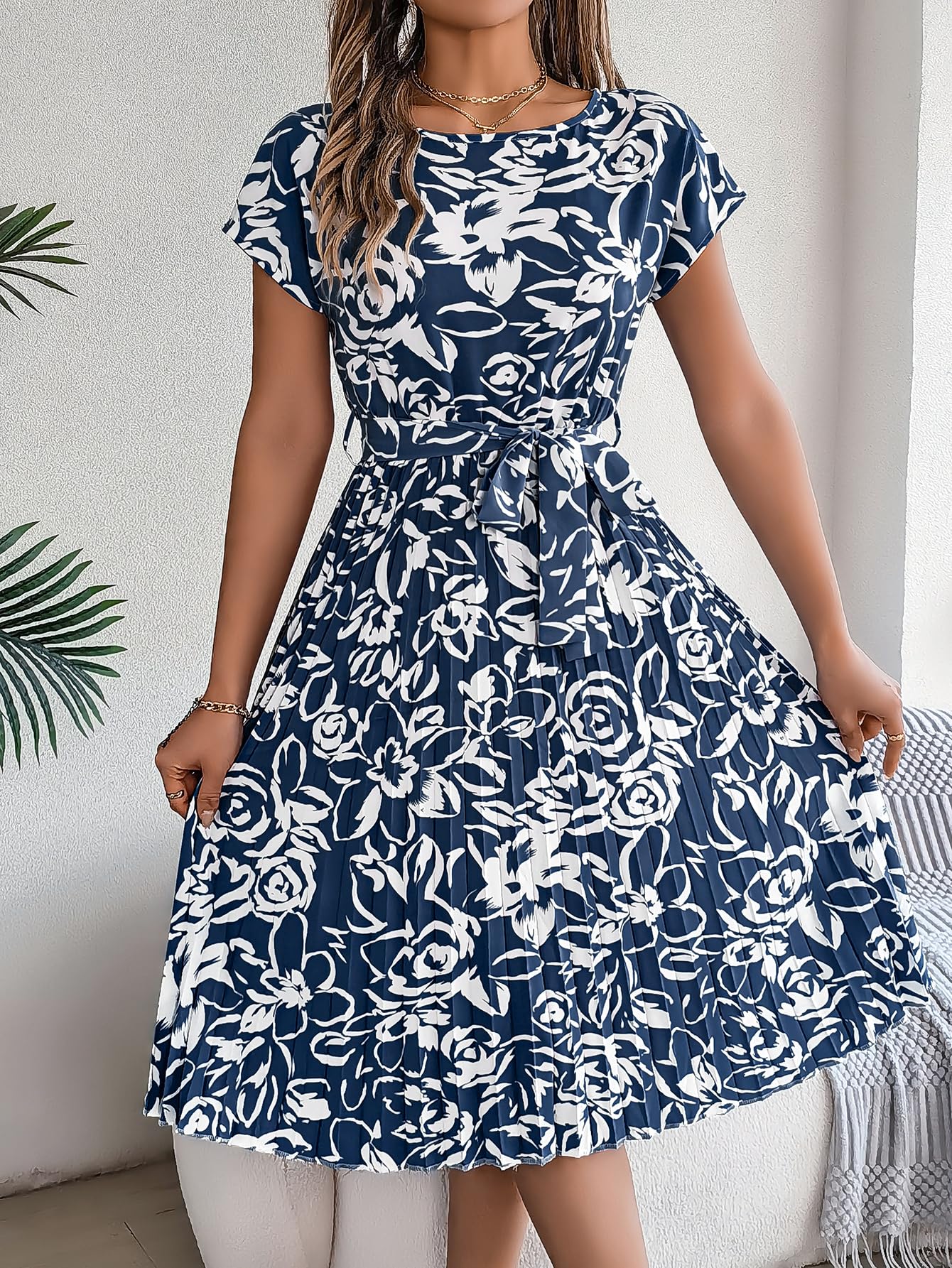Women Floral Print Short Sleeve Tops Dress Crew Neck Tie Waist A-Line Pleated He