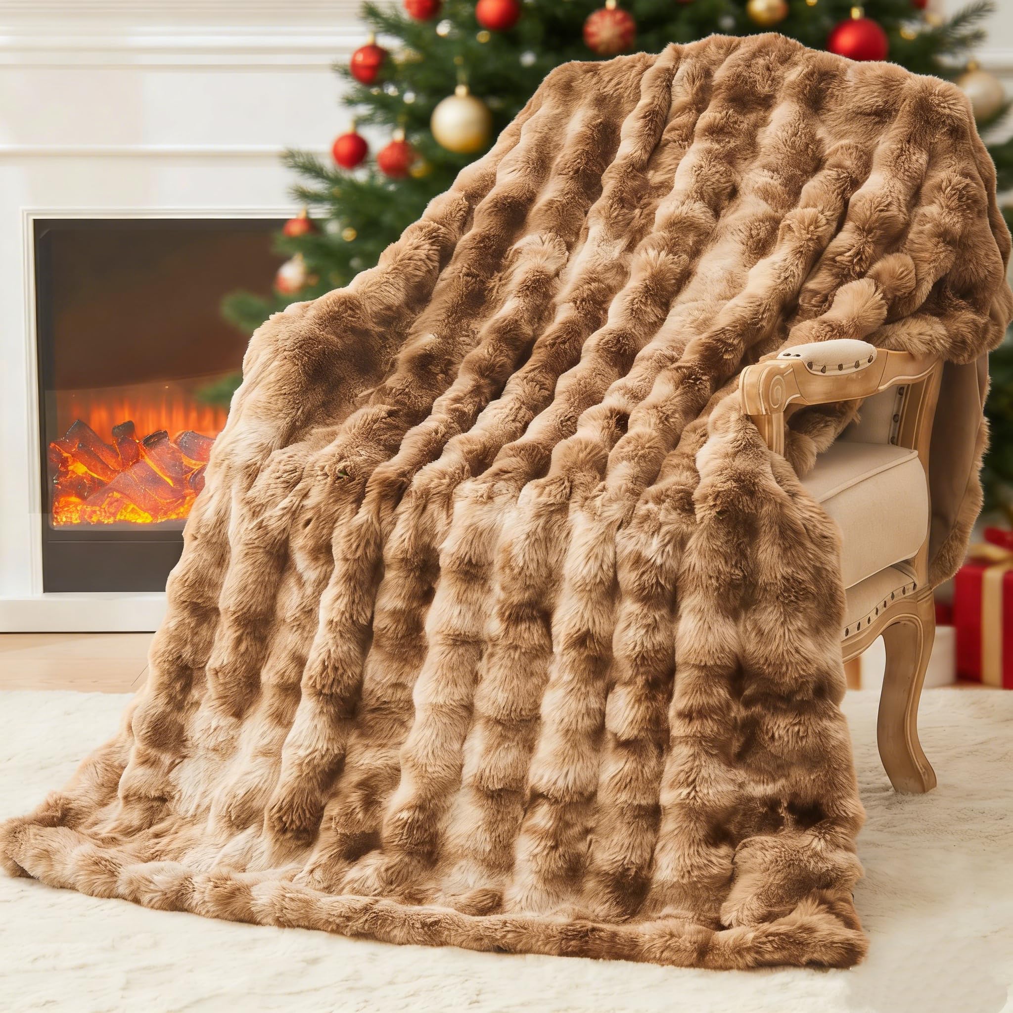 EMME Faux Rabbit Fur Throw for Sofa，Luxury Bubble Blanket for Bed 130 x 150