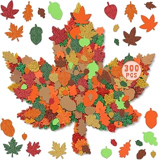 300 Pcs Fall Foam Stickers, Glitter Maple Leaf Crafts Stickers, Fall Decor | Vivid Colors, Soft Lightweight and Reusable Material, Self Adhesive, Autumn Crafts, Thanksgiving Decor, Harvest DIY Supplies
