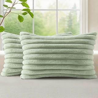 decorUhome Fall Sage Green Faux Fur Throw Pillow Covers 12x20 Set of 2