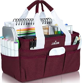 JJRING Craft Organizer Tote Bag, Art Storage Caddy with Multiple Pockets, Dark Red Sewing Bag for Art, Craft, Scrapbooking, School, Medical, and Office