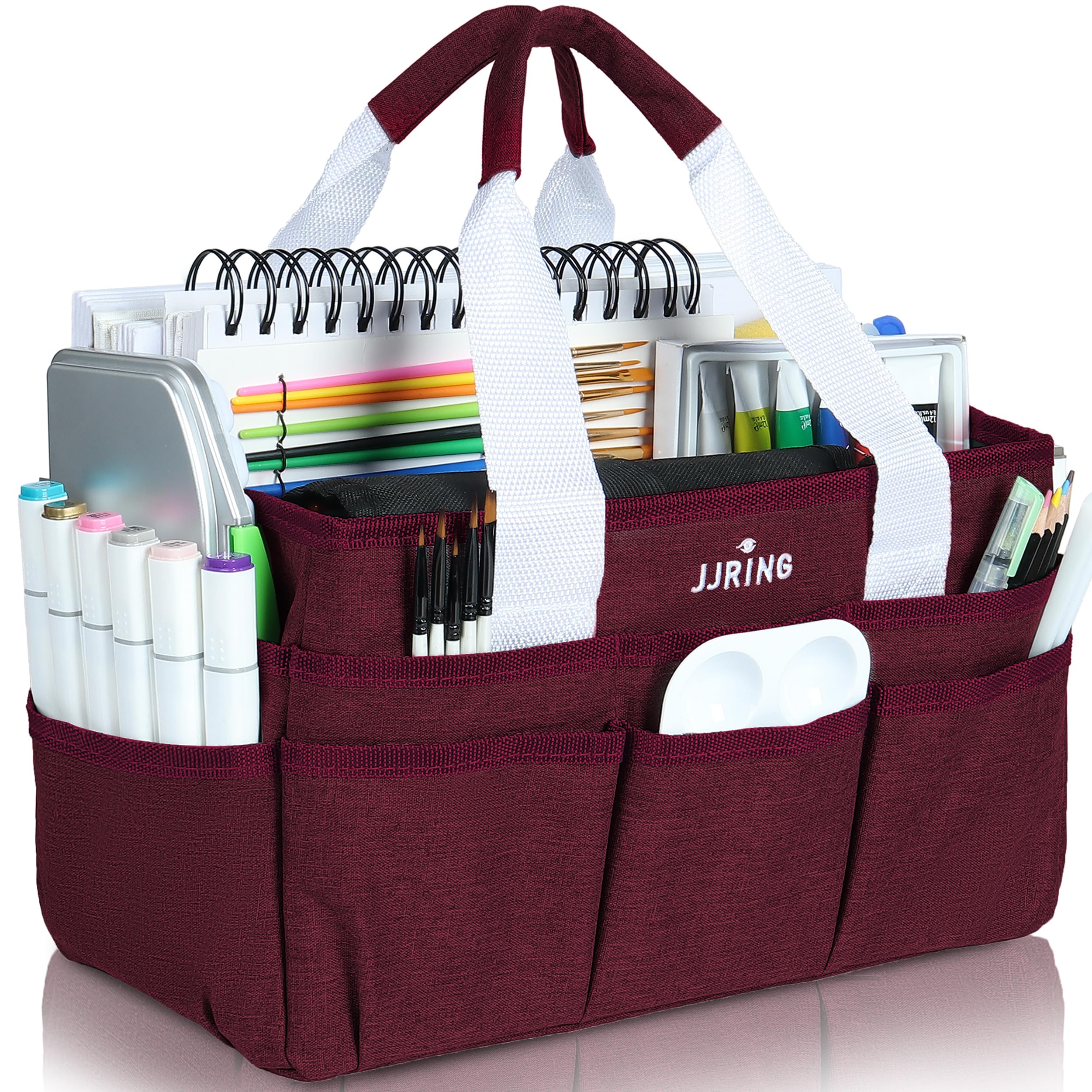 JJRING Craft Organizer Tote Bag, Art Storage Caddy with Multiple Pockets, Dark R
