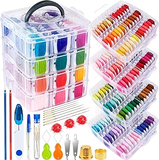 BYMORE 262 Pack Embroidery Thread Floss Kit Including 200 Colors 8 M/Pcs Cross Stitch Sewing Thread with Floss Bins and 62 Pcs Cross Stitch Tool,4-Tier Transparent Storage Box