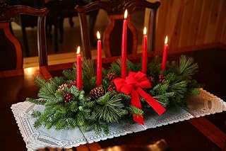 Worcester Wreath Fresh Balsam 5-Candle Christmas Table Centerpiece (Red) | Fresh Maine Balsam, 5 Red Candles Included, Real Pinecones, Waterable Floral Foam, Hand-Tied Velvet Bow, Made in Maine,