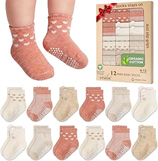 GOTS Organic Cotton Blend 12 infant socks with Grip 0-6 M Boy Non Slip Gift