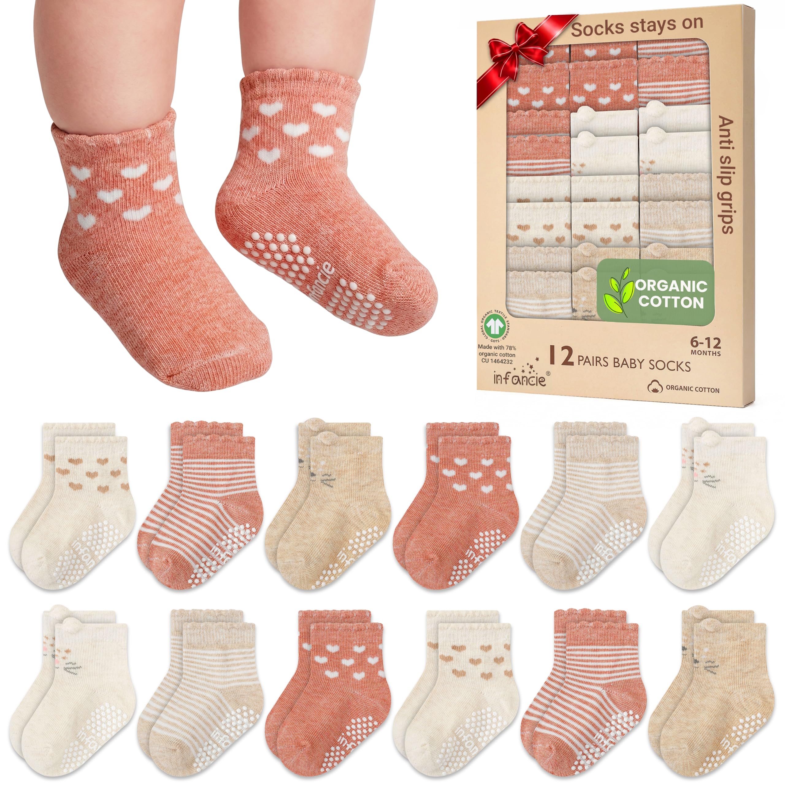 GOTS Organic Cotton Blend 12 infant socks with Grip 0-6 M Boy Non Slip Gift