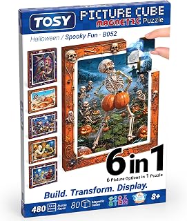 TOSY Picture Cube Halloween Spooky Fun: 6-in-1 Magnetic Picture Puzzle, 80 Blocks, 480 Puzzle Faces, 0.63 in, B052, Seamless UV Art, Display-Ready Frame, Collectible, STEM/STEAM Gift for Kids & Adults