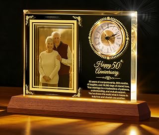 50th Wedding Anniversary Crystal Clock Photo Frame Gifts，Hold 6 inch Photo
