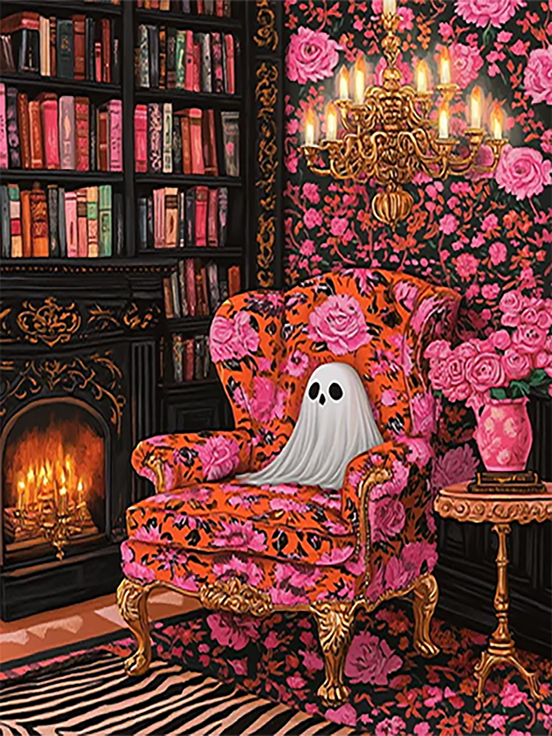 Diamond Art Kits for Adults,Pink Bookshelf ghost Diamond Painting Kits