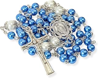 Nazareth Store Our Father Lourdes Medal Rosary with White Pearl and Crucifix Cross Spiritual Devotion