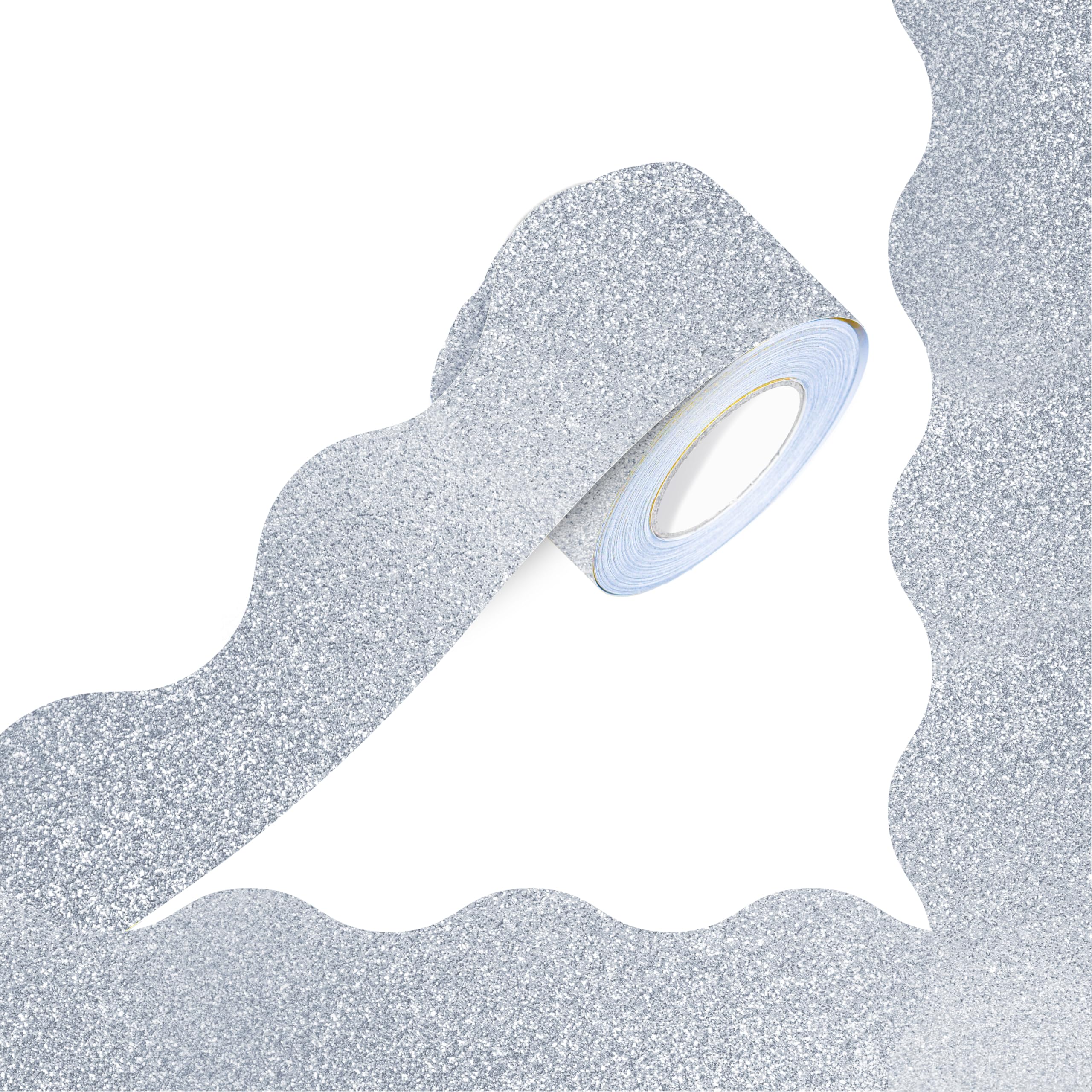 66 Feet Bulletin Board Borders, Silvery Glittering Rolled Border Trim with Wavy 