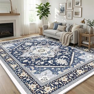 OPPODREAM Soft Area Rug 5x7, 5x7 Rugs for Living Room, Washable Rugs for Bedroom with Non Slip Backing, Faux Cashmere Low-Pile 5 x 7 Carpet, Navy Blue & Golden