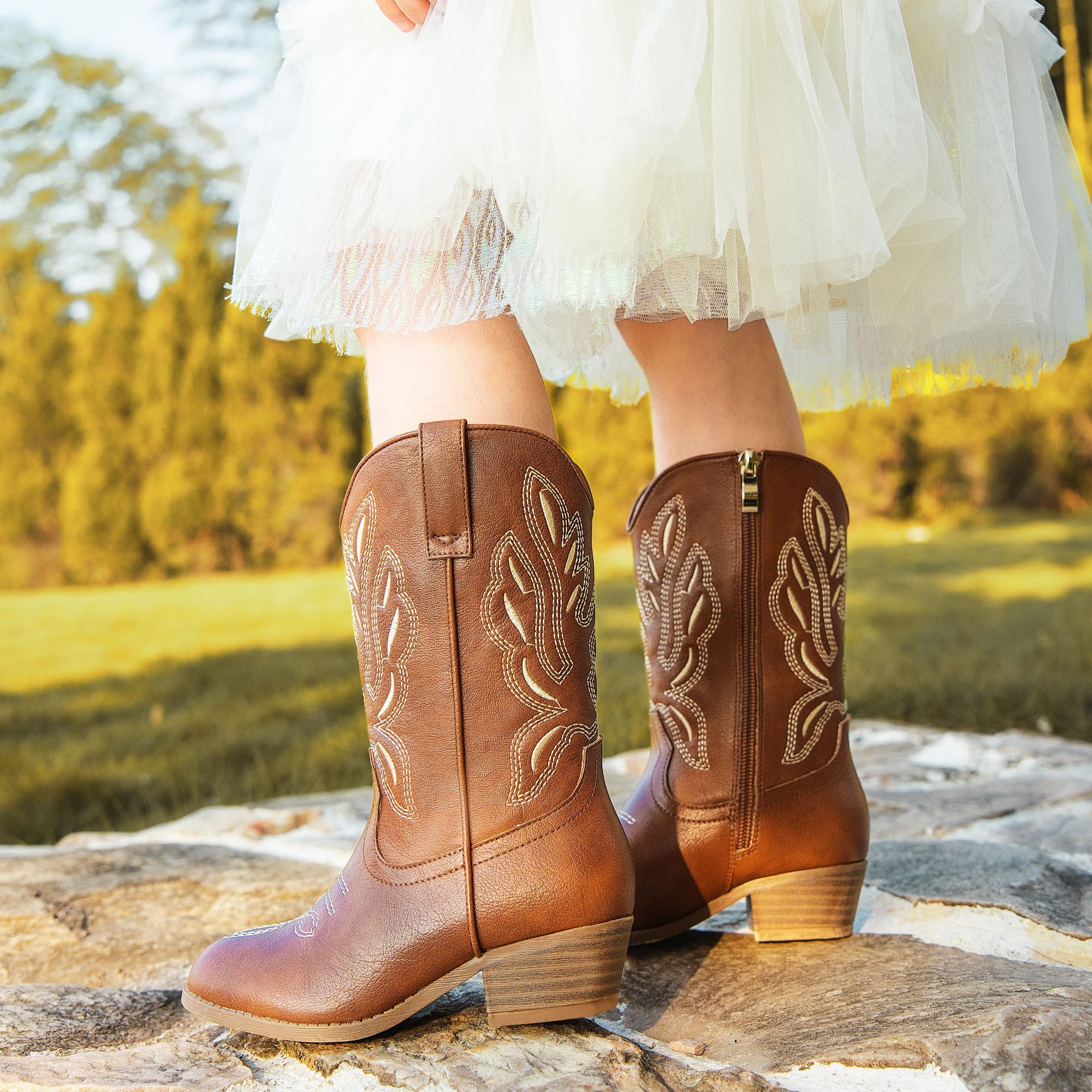 LAURMOSA Cowgirl Boots for Little Girls Mid Calf Pointed Toe Kid Cowboy Boots Si