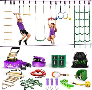 Ninja Warrior Obstacle Course for Kids - 2 x 55ft Slackline Double The Fun Exciting Obstacles Cargo Net Rope Ladder Monkey Bars Ninja Course for Kids